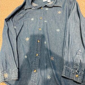 Vintage Y2K Snowflake Denim Shirt Jacket Oversized Winter Novelty